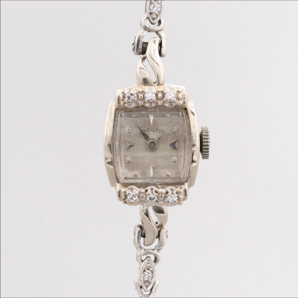 *Vintage 14K Hamilton Diamond & Emerald Watch with jewel-studded 14K watchband